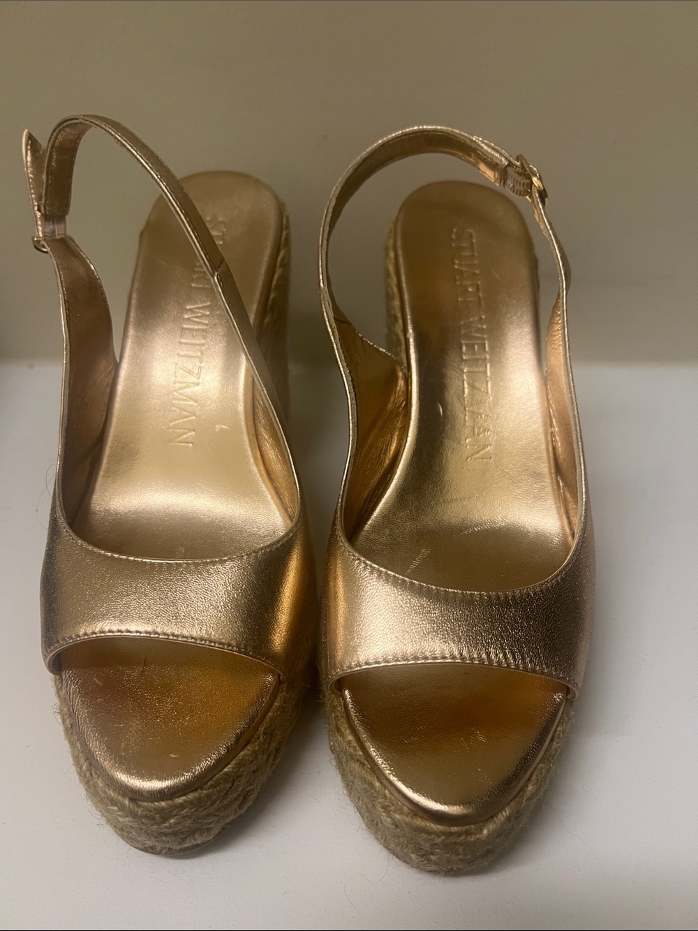 Stuart Weitzman Metallic Gold Espadrille Wedge Slingback Sandals